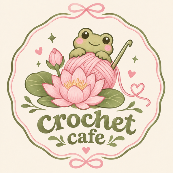 Crochet Cafe - a frog on a ball of pink yarn with a lotus flower